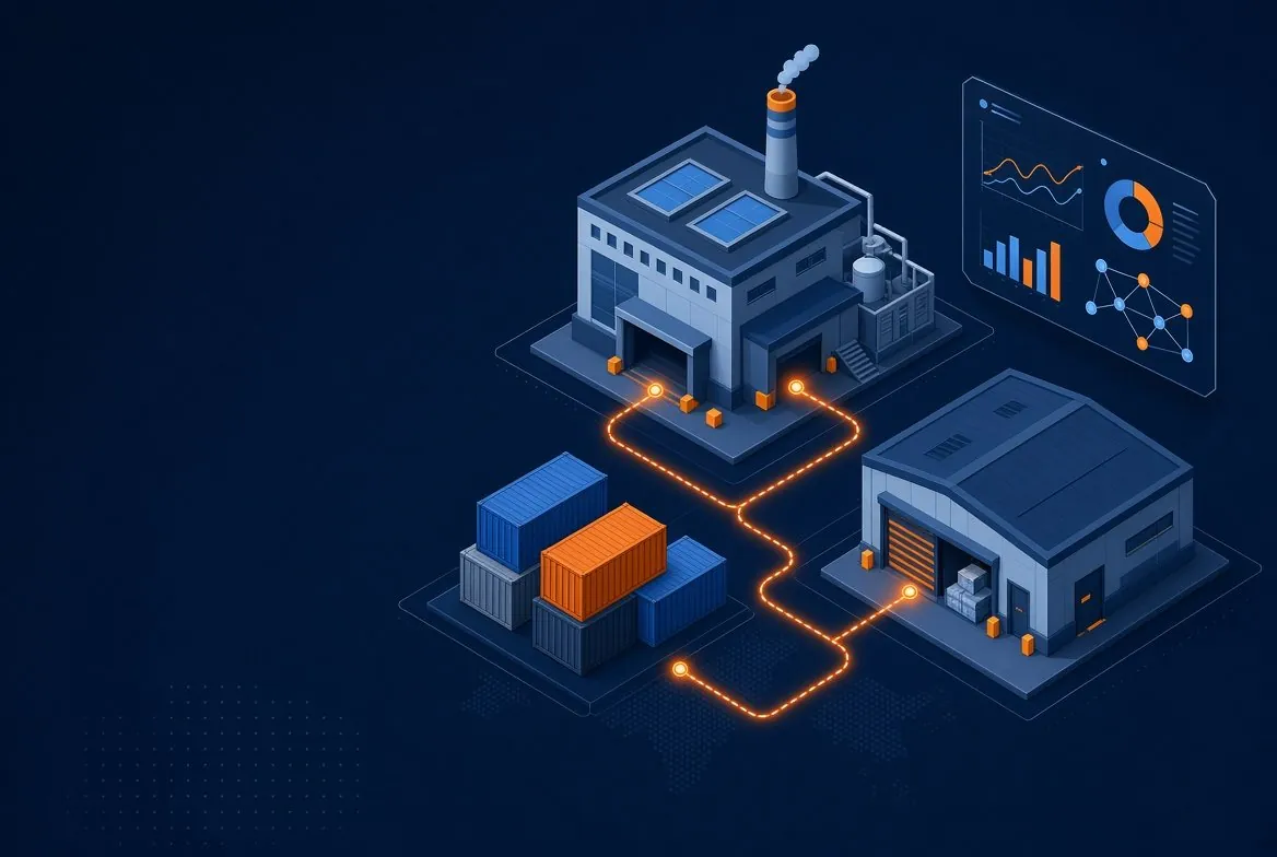 Isometric illustration of a factory, warehouse and data dashboard linked by supply chain flow lines, representing supply chain consulting for US manufacturers