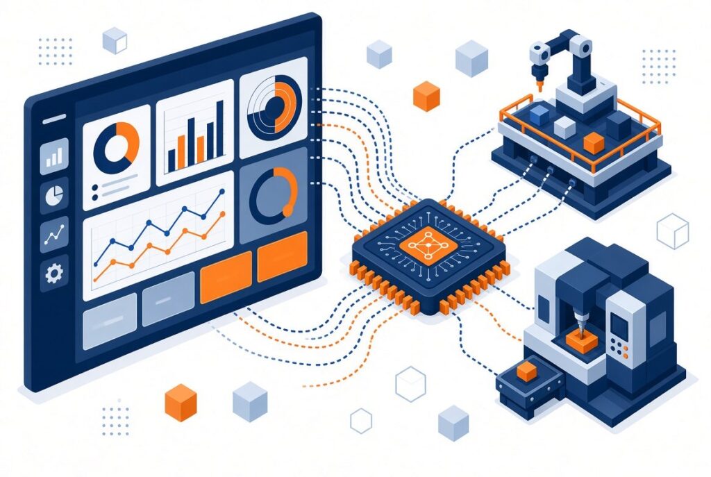Illustration of a manufacturing KPI dashboard with BI and AI automation