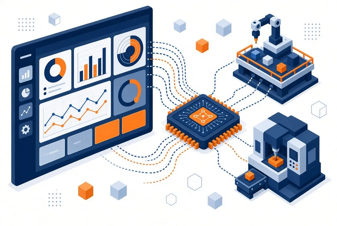 Illustration of a manufacturing KPI dashboard, data chip and automation representing AI and data support for supply chain and operations