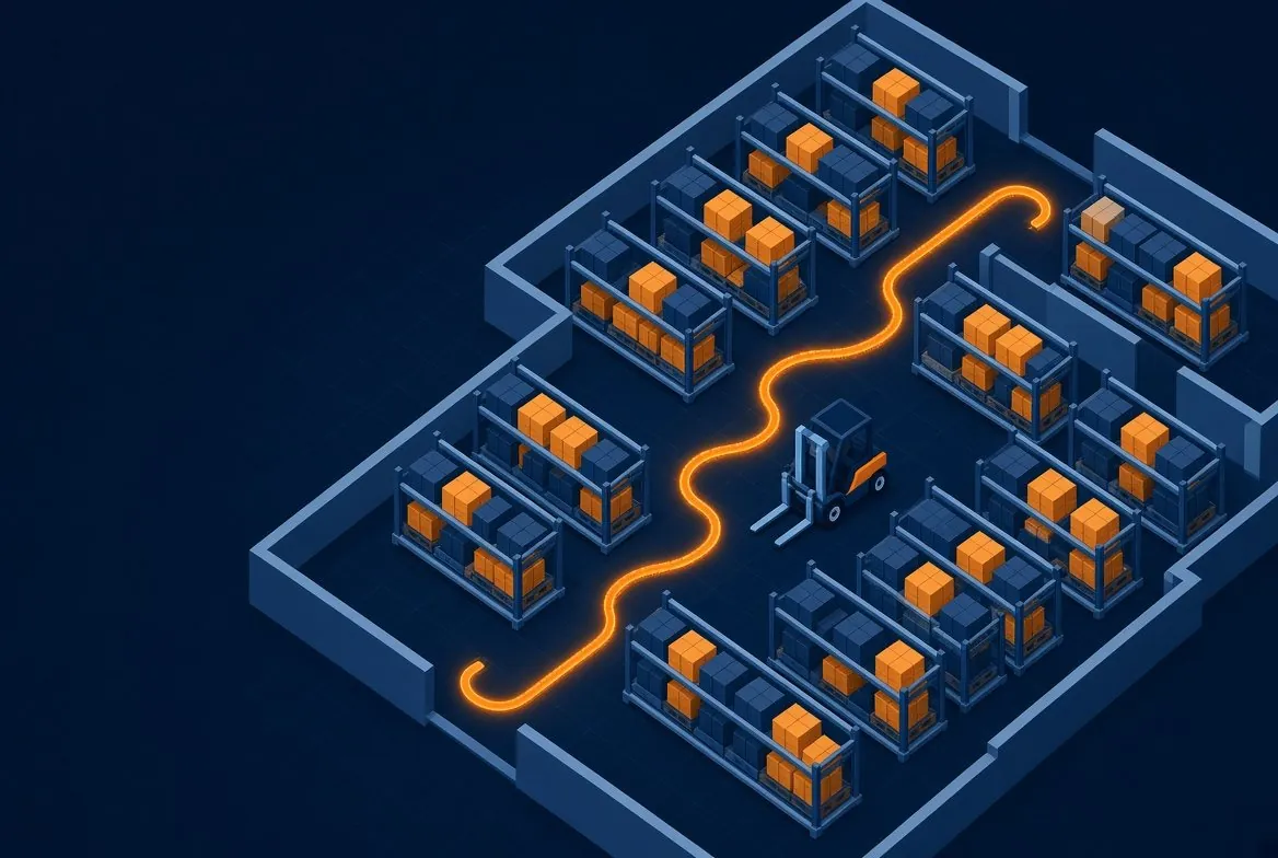 Illustration of a warehouse with a glowing optimized flow path representing a dead stock and working-capital review