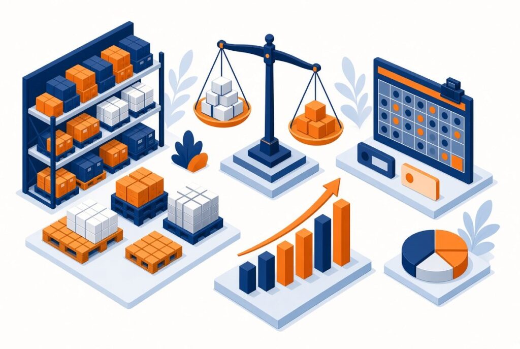 Illustration of inventory shelves and S&OP planning