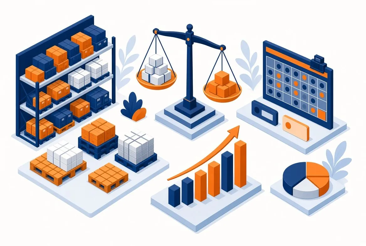 Illustration of inventory shelves, a balance scale and S&OP charts representing supply chain optimization and inventory optimization consulting