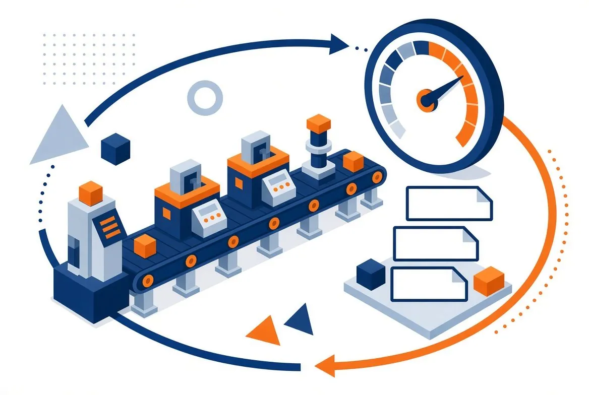 Illustration of a lean manufacturing line and OEE gauge representing operations consulting for plants and warehouses