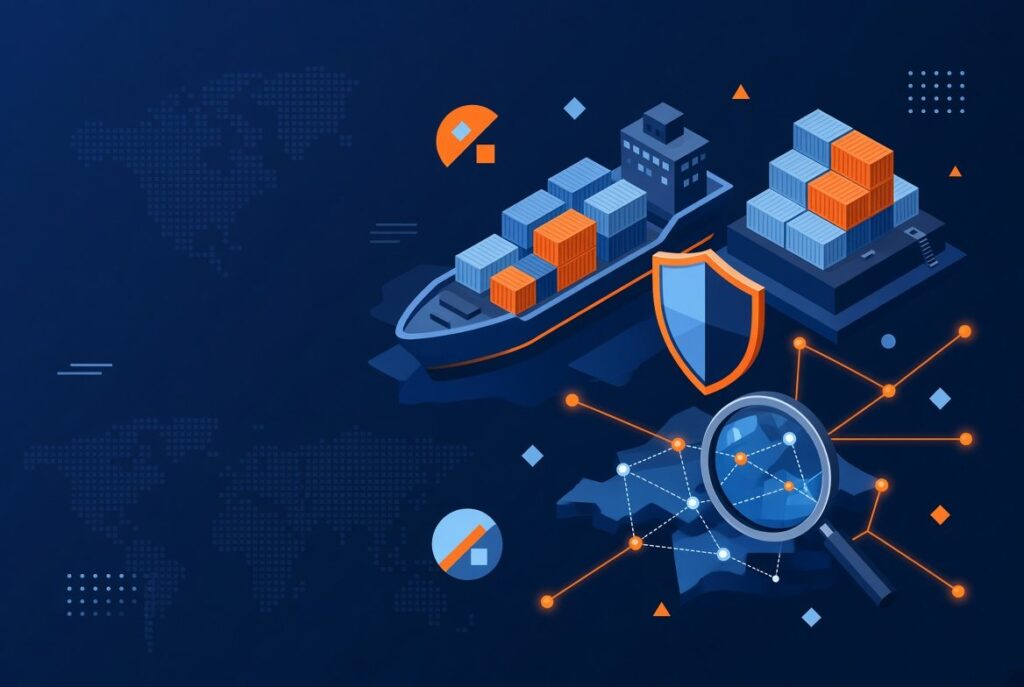 Illustration of shipping containers and tariff exposure analysis for manufacturers