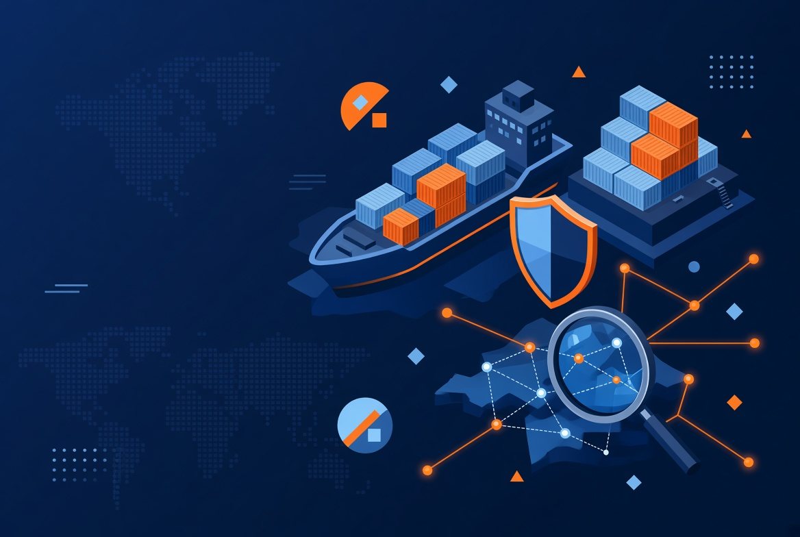 Illustration of shipping containers and tariff exposure analysis for manufacturers